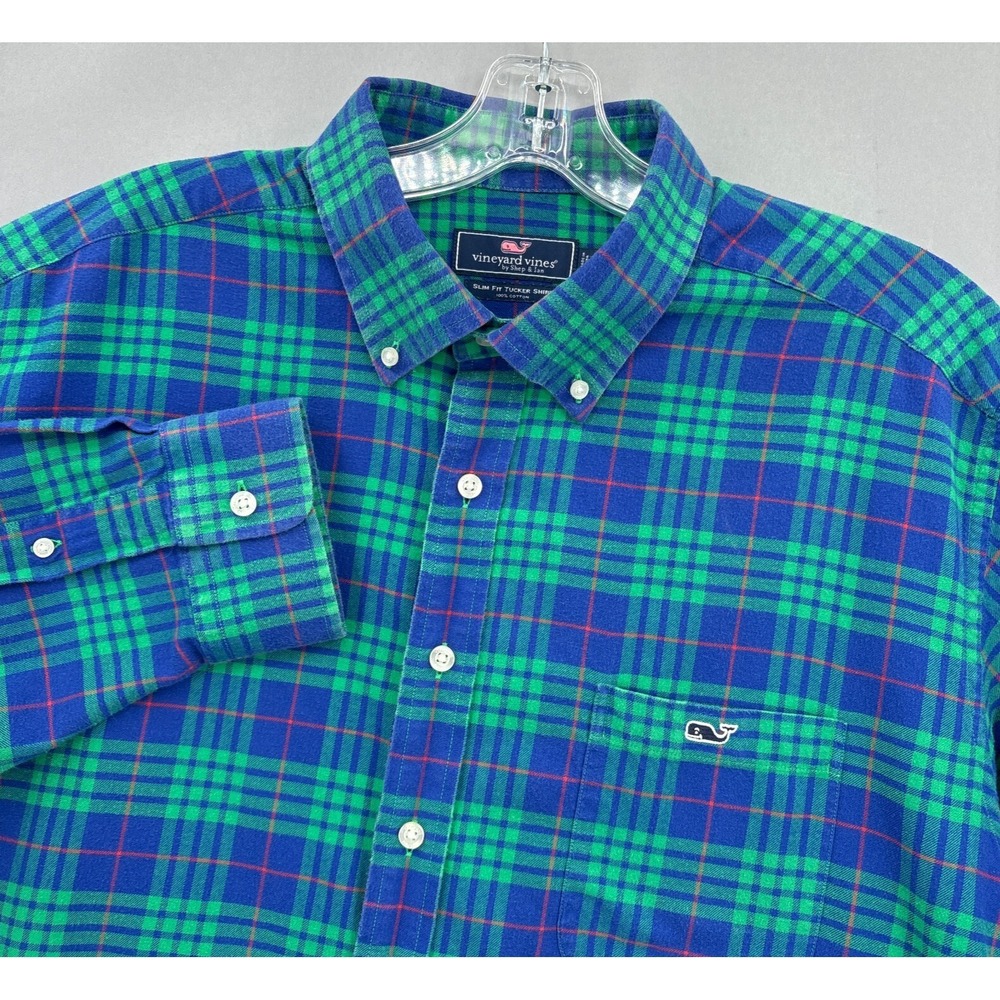 Vineyard Vines Shirt Men XXL Slim Green Blue Plaid Flannel Tucker Button Down